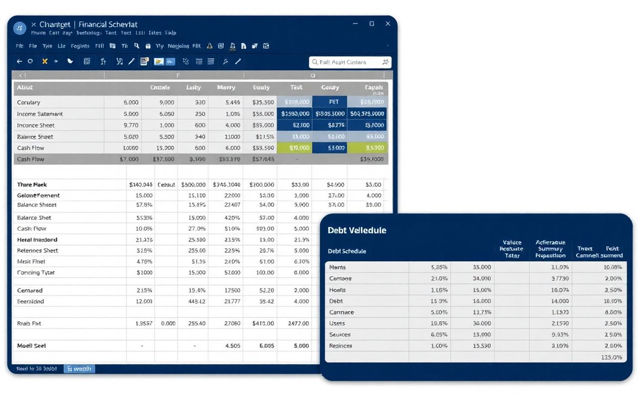 Detailed financial model worksheet with three statements and valuation
